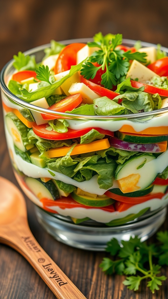 A colorful 9-layer salad in a clear bowl, featuring layers of lettuce, tomatoes, cucumbers, carrots, peas, bell peppers, bacon, and cheese topped with creamy dressing.